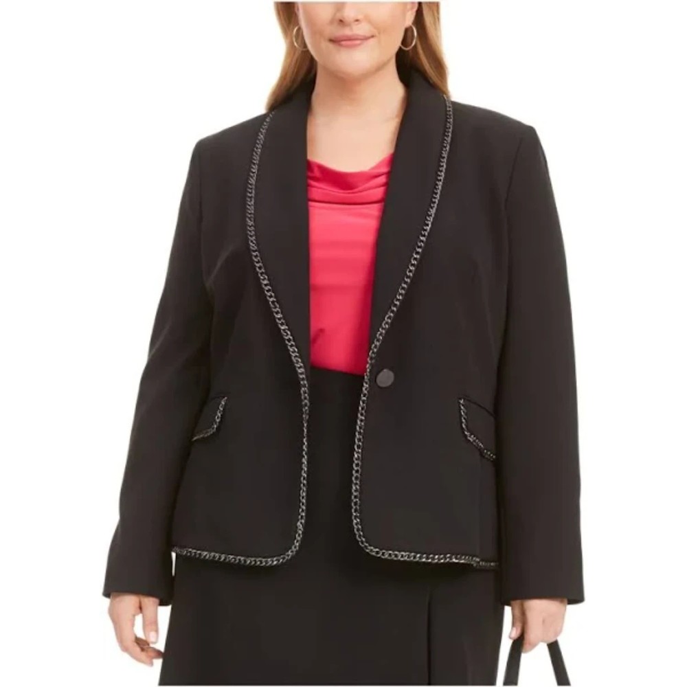 Kasper Woman NWT One Button Shawl Collar Jacket Chain Detail Blazer Blk 22W New